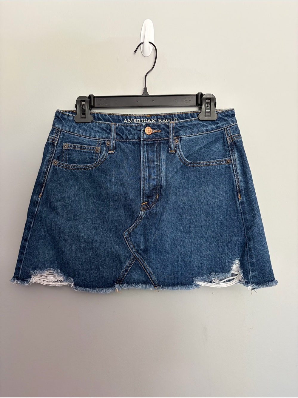 American Eagle Outfitters Denim Mini Skirt Sz 6 Button Fly Destroyed Blue Jean
